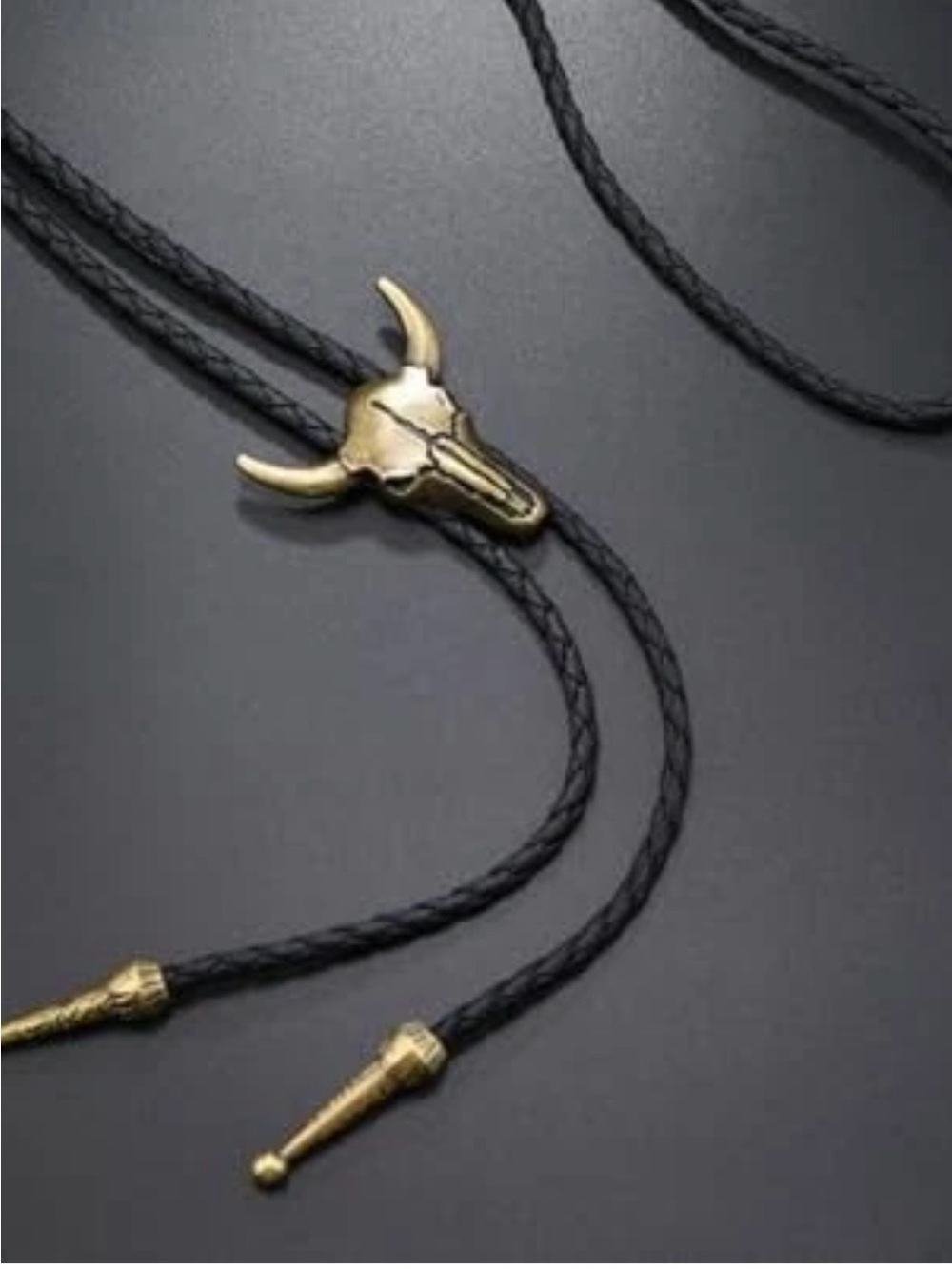 Bronze Bull Skull Bolo Tie with Black Braided Cord - Picture 4 of 4
